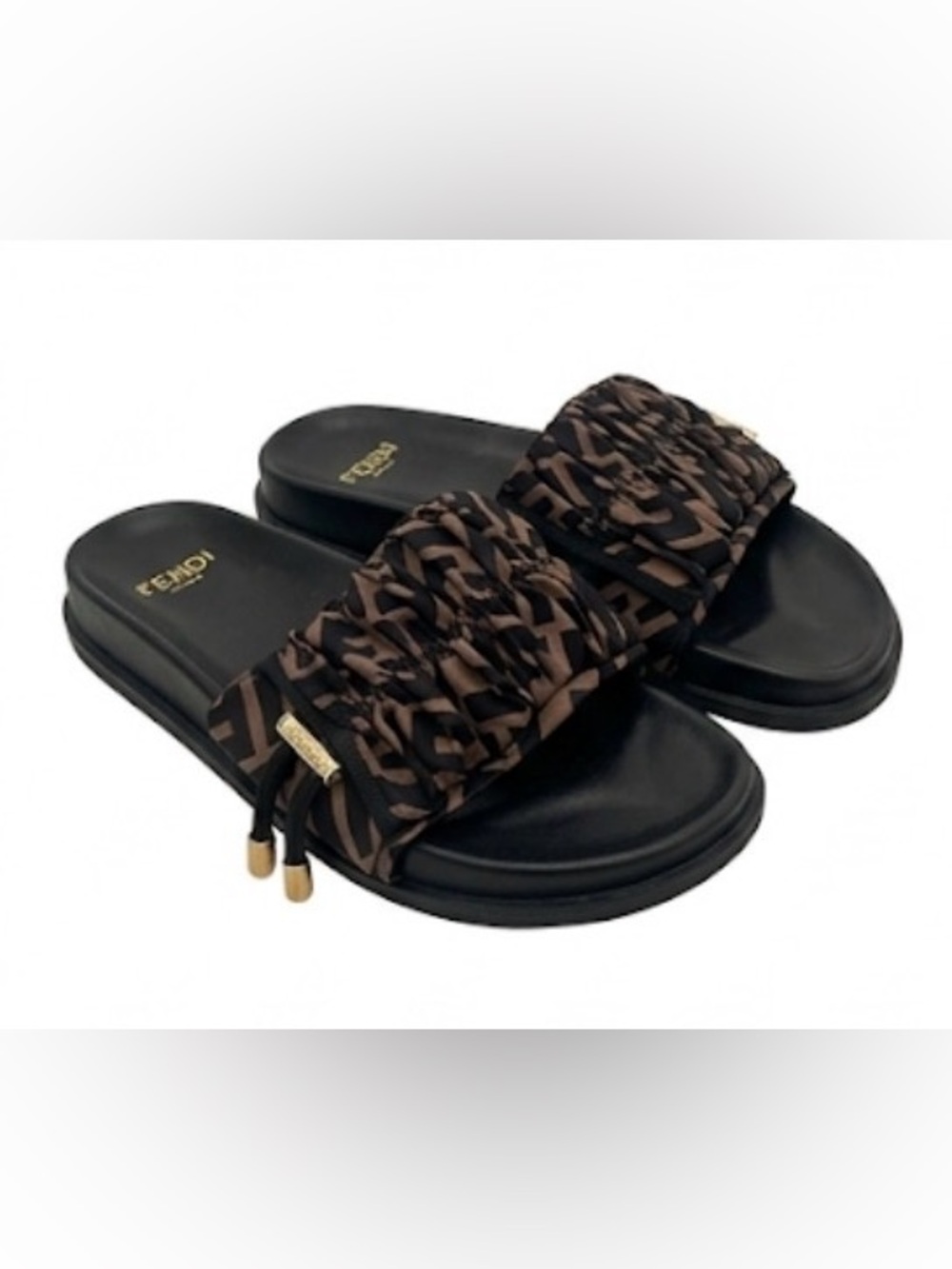 Fendi Black Slides with Brown Logo-Print Ruched Strap
